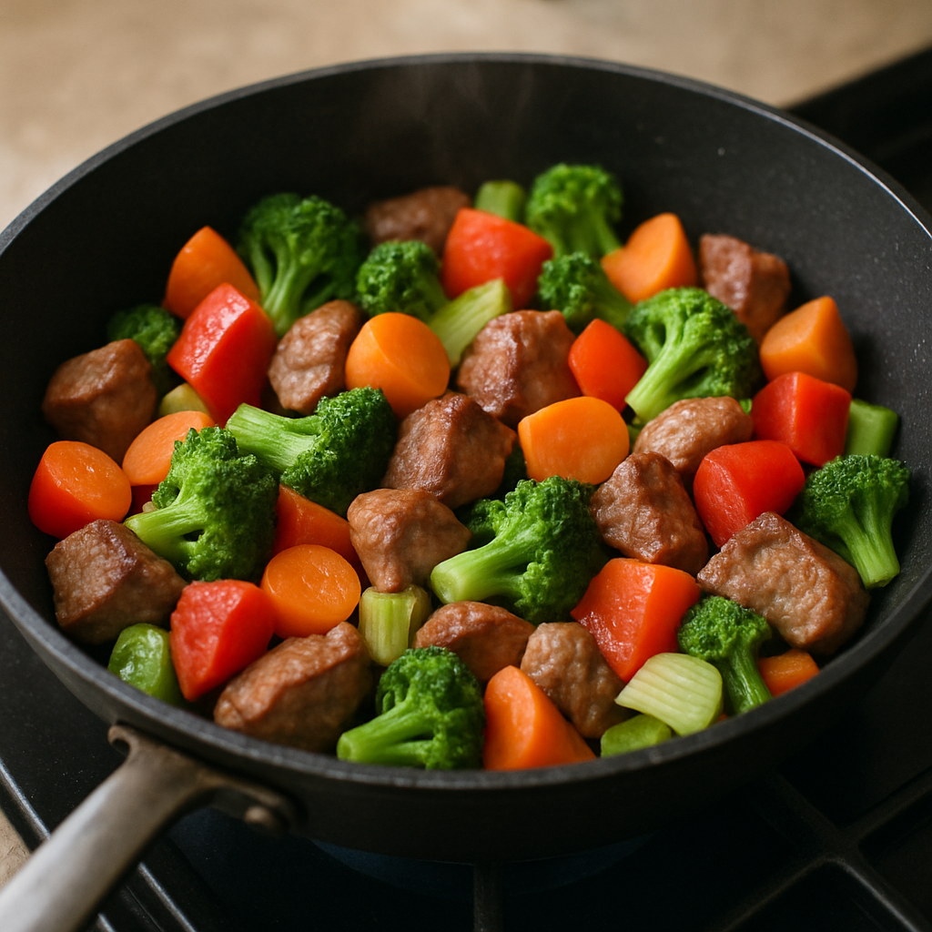 A variety of vegetables and meats being cooked in a sauté pan